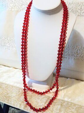 Gorgeous Vintage Flapper Length Hand Knotted Red Glass Bead Necklace